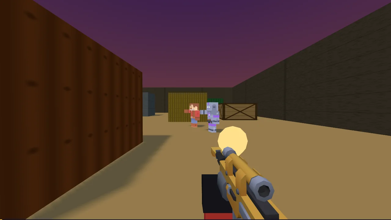 Live match: muzzle flash, container corridor, dusk lighting — feel and art both arrived one round at a time.