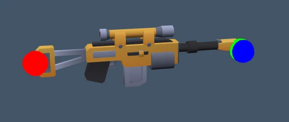 Axis markers on the weapon model: red = +Z (stock), green = −Z (muzzle), blue = +X. No guessing needed.